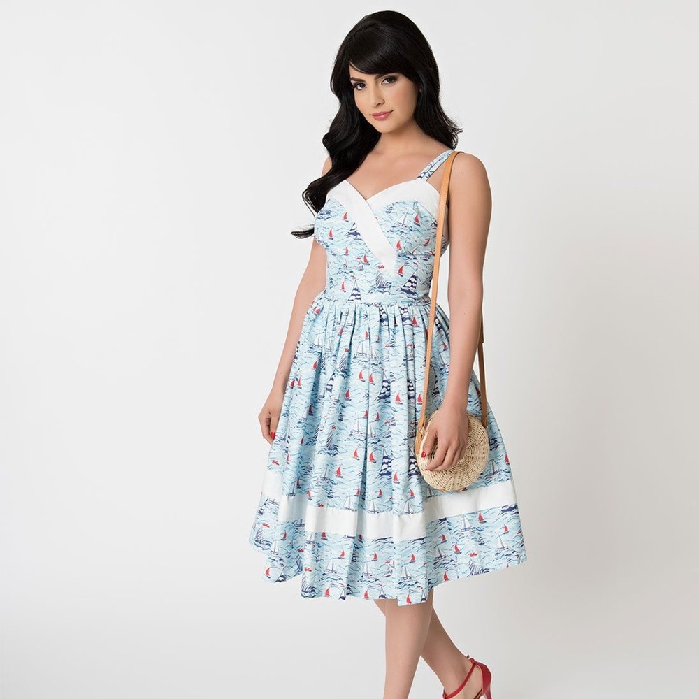 1950s style white & blue Sailboat swing dress